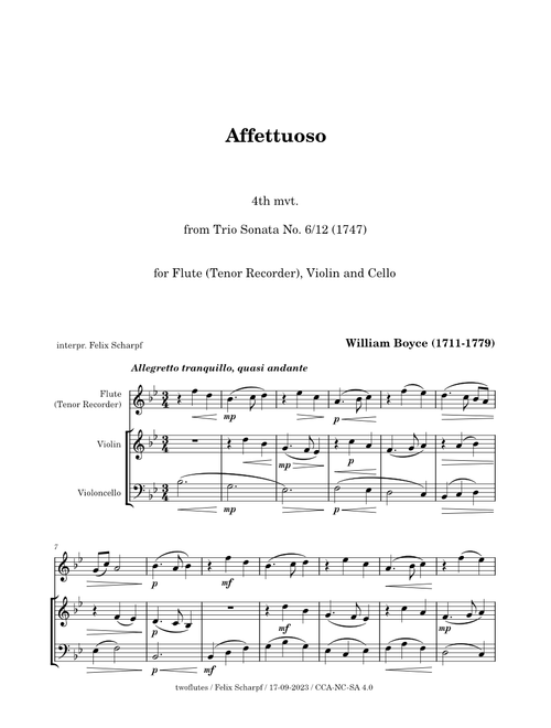 Trio Sonata No. 6/12 - Affettuoso (4th mvt.) William Boyce - for Flute (Tenor Rec.) Violin & Cello