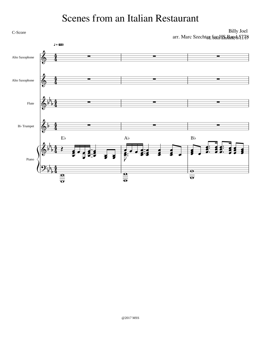 Scenes from an Italian Restaurant Sheet Music for Piano, Flute, Trumpet