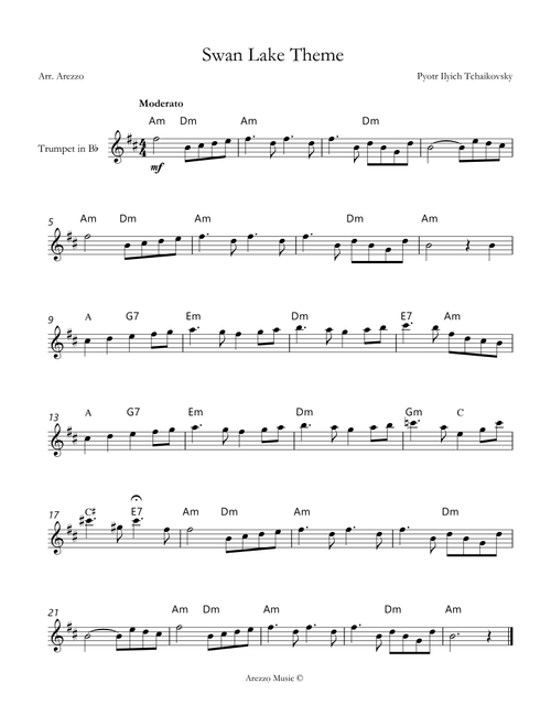 Tchaikovsky – Swan Lake (Theme) | Trumpet Lead Sheet with Chord Symbols in A minor (Arr. Arezzo Music) (Trumpet Solo)