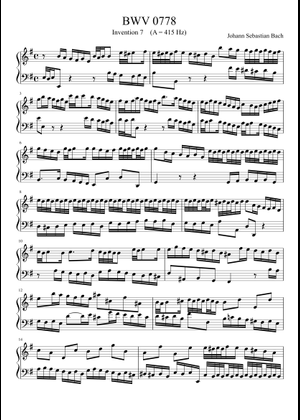 BWV 778: Invention VII (A = 415 Hz) - Harpsihord sound Sheet Music