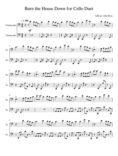 Burn the House Down for Cello Duet