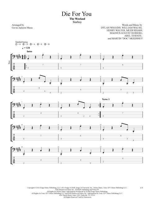 Die For You (Arr. Gavin Jackson Music) - The Weeknd (Bass Tab)