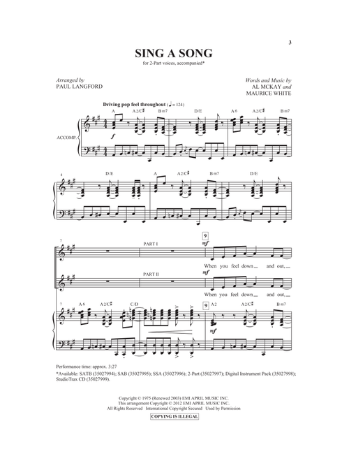 Sing A Song (arr. Paul Langford) - Earth Wind & Fire (Choral, 2-Part)
