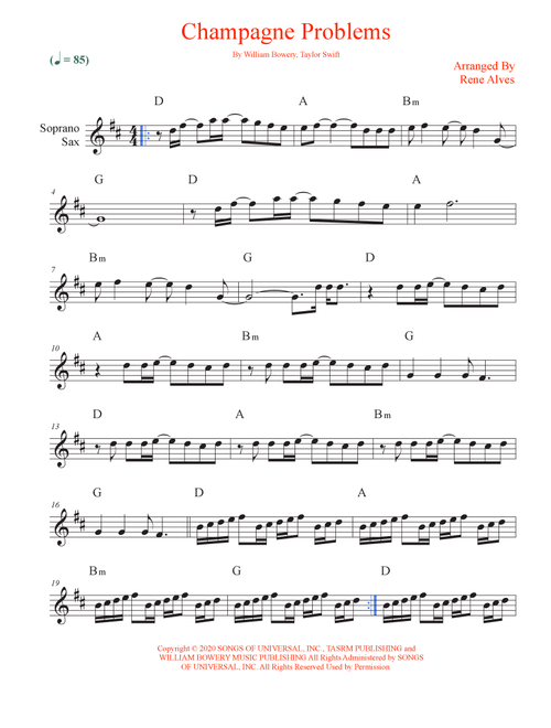 Champagne Problems (Arr. Rene Alves) - Taylor Swift (Soprano Sax Solo)