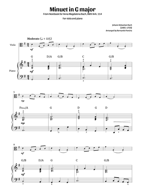 Minuet in G major (viola and piano) (Arr. Bernardo Pereira) - Johann Sebastian Bach (Viola and Piano)