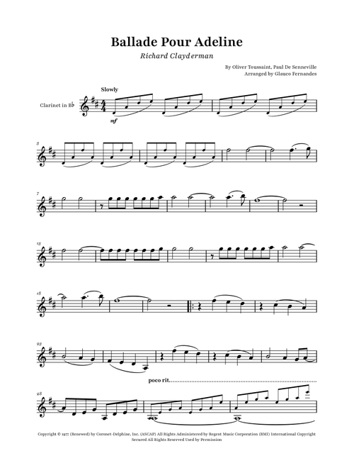 Ballade Pour Adeline (Arr. Glauco Fernandes) - Richard Clayderman (Clarinet Solo)