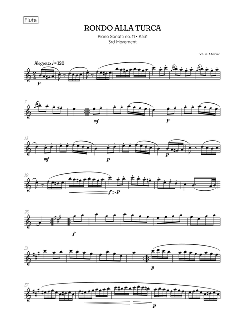 Rondo Alla Turca (Turkish March) • flute sheet music (Arr. Benzaiten Editions) - Wolfgang Amadeus Mozart (Flute Solo)