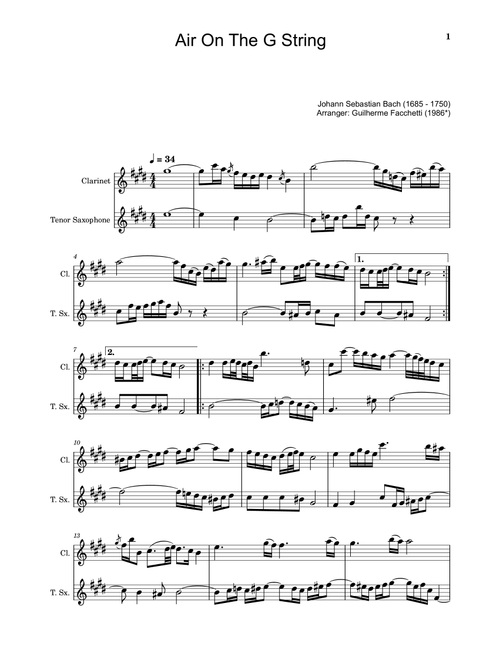 Air on the G String. For Clarinet and Tenor Sax. (Arr. Guilherme Facchetti) - Johann Sebastian Bach (Instrumental Duet)
