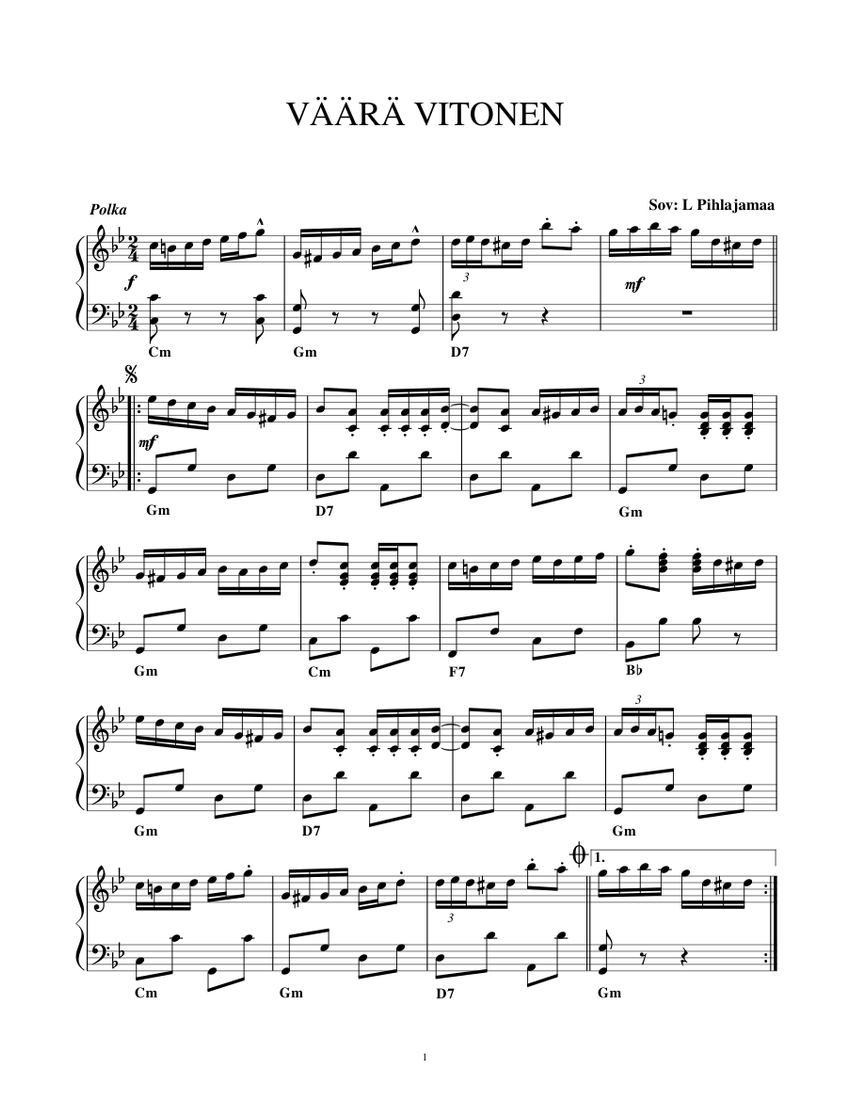VÄÄRÄ VITONEN sov. L Pihlajamaa Sheet Music with Chords for