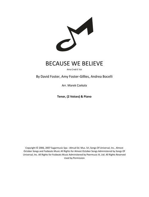 Because We Believe (Arr. Marek Czekala) - Andrea Bocelli (Piano Vocal)