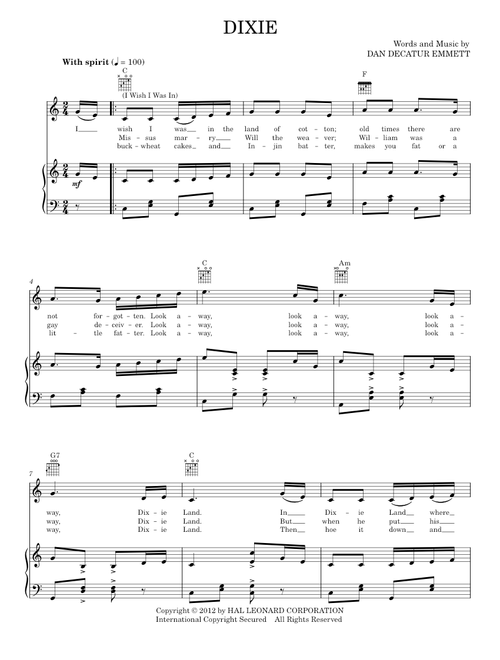 Dixie - Daniel Decatur Emmett (Piano-Vocal-Guitar)