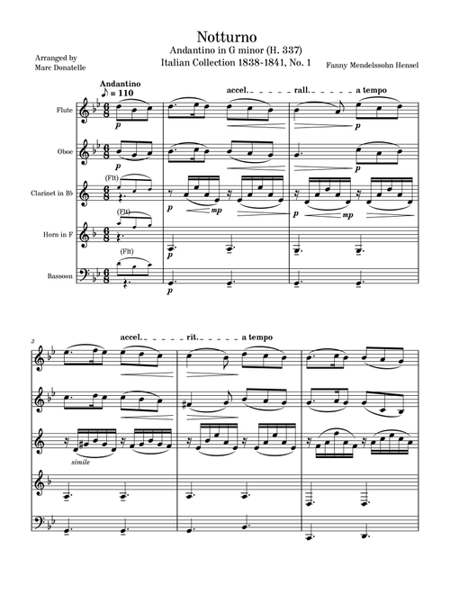 Notturno Andantino in G minor (H.337) (Arr. Marc Donatelle) - Fanny Mendelssohn Hensel (Woodwind Ensemble)