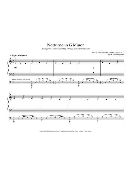 Notturno in G Minor - Primer Level piano arrangement (Arr. Cameron Smith) - Fanny Mendelssohn Hensel (1805-1847) (Easy Piano)