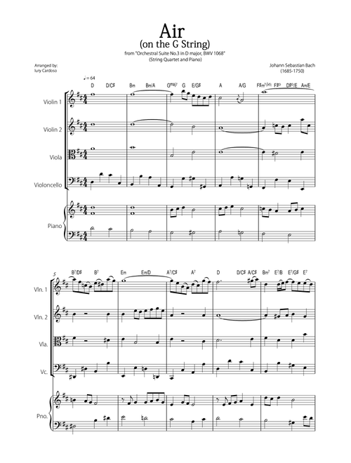 "Air - on the G string" (Bach) - Beautiful EASY version for STRING QUARTET and PIANO (chord symbols) (Arr. Iury Cardoso) - Johann Sebastian Bach (String Quartet)