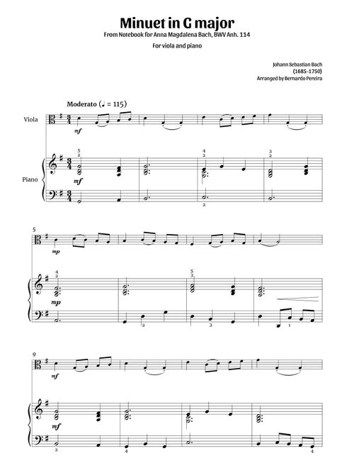 Minuet in G major (viola and piano – clean with fingering) (Arr. Bernardo Pereira) - Johann Sebastian Bach (Viola and Piano)