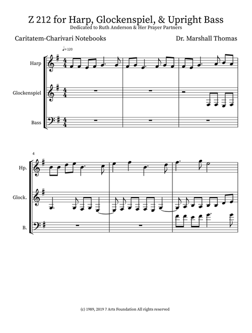 Z 212 for Harp, Glockenspiel, & Upright Bass - Celebrity Chamber Players (Small Ensemble)