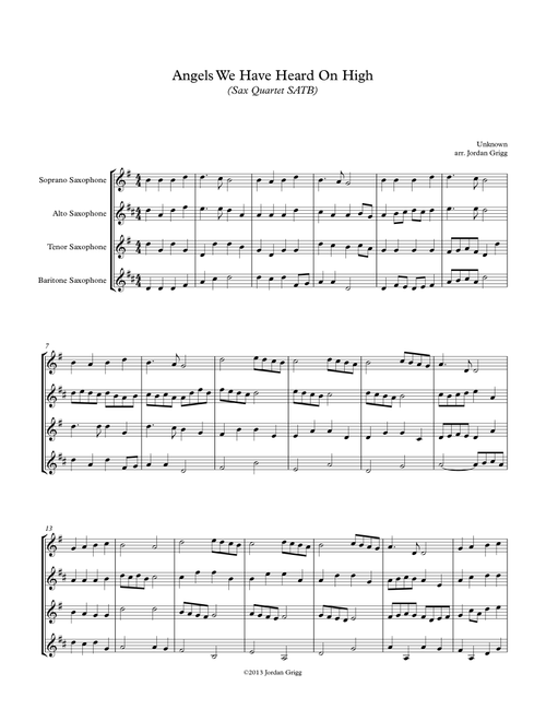 Angels We Have Heard On High (Sax Quartet SATB) (Arr. Jordan Grigg) - Unknown (Woodwind Ensemble)