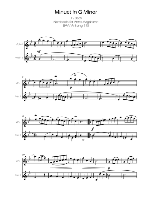 Minuet in G minor BWV Anh. 115 - Bach - Violin Duo (Arr. Ygor Nunes) - Johann Sebastian Bach (Violin Duet)