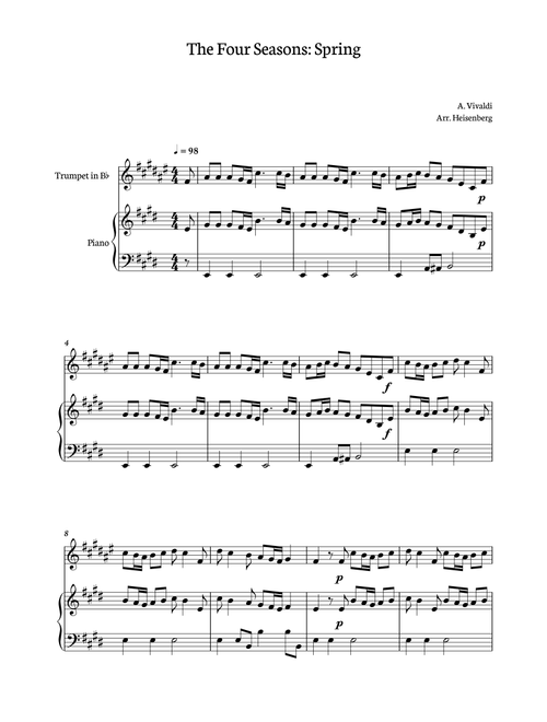 Spring - 4 Seasons Vivaldi for trumpet with accompaniment (original Key) (Arr. Heisenberg) - A Vivaldi (Trumpet and Piano)