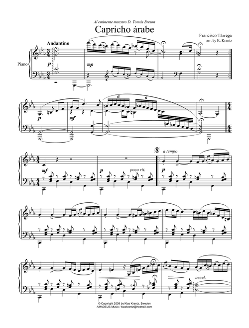 Capricho arabe/Capricho árabe for piano solo (Arr. K. Krantz) - F Tarrega (Piano Solo)