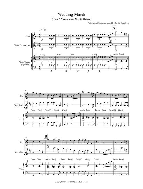 Wedding March (from A Midsummer Night's Dream) for Flute and Tenor Saxophone Duet (Arr. David Burndrett) - Felix Mendelssohn (Instrumental Duet)