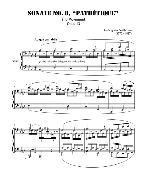 Sonata No. 8 Op. 13 Pathetique 2ND MOVEMENT only Beethoven - Self Learning Series (Arr. Published Harmony) (Piano Solo)