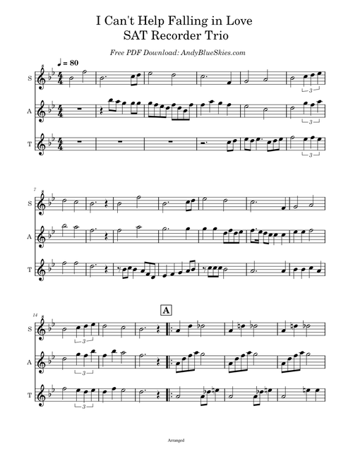 I Can't Help Falling in Love AATB Recorder Quartet