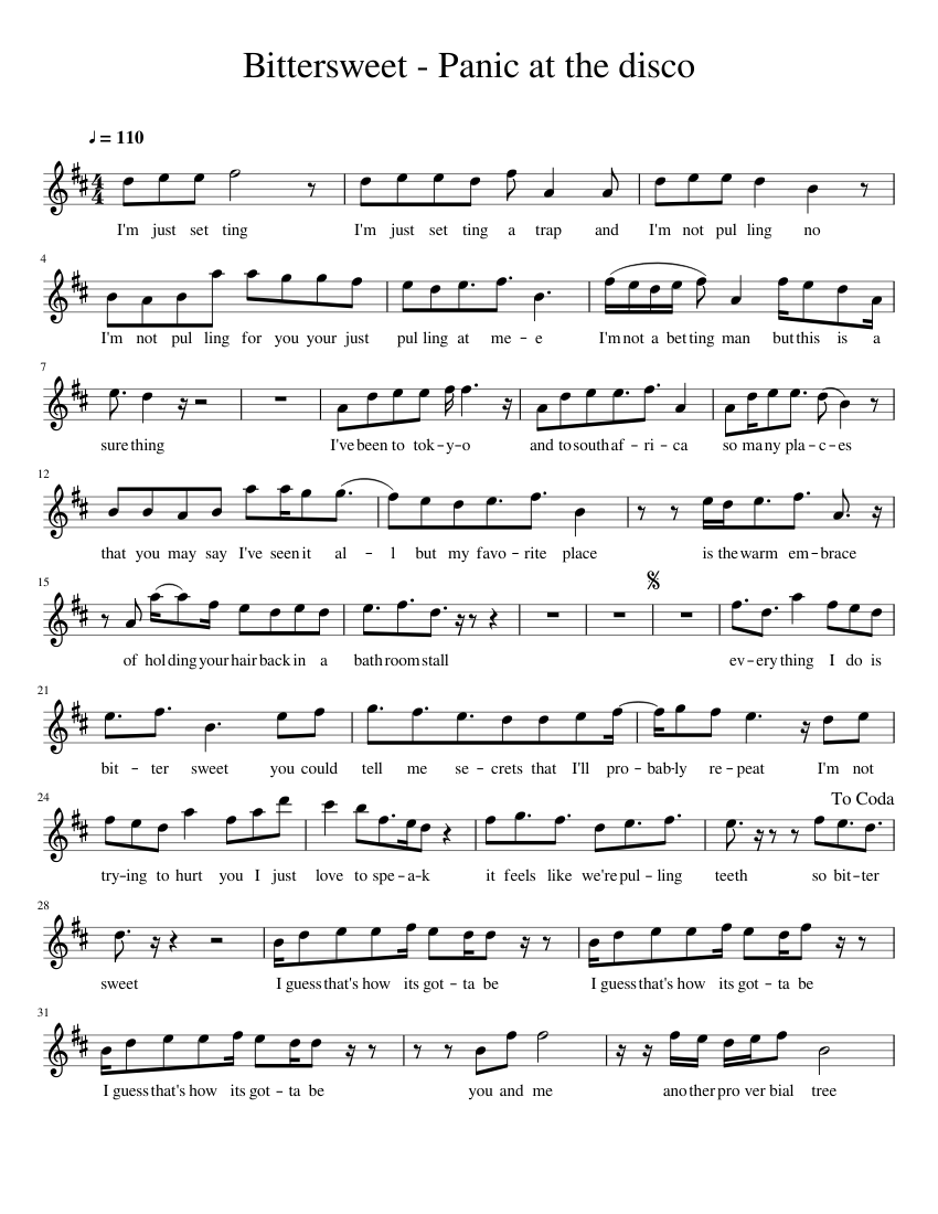 Bittersweet Panic at the disco Chorus Sheet music for Flute (Solo