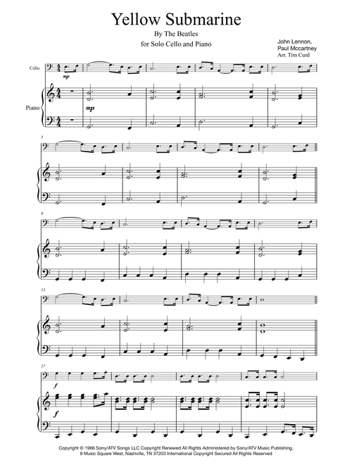 Yellow Submarine (Arr. Tim Curd) - The Beatles (Cello and Piano)