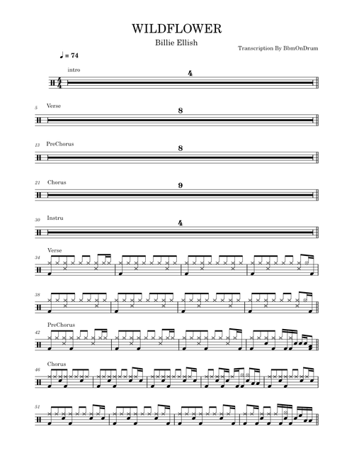 WILDFLOWER - Billie Ellish / Drum Sheet Music By BbmOnDrum