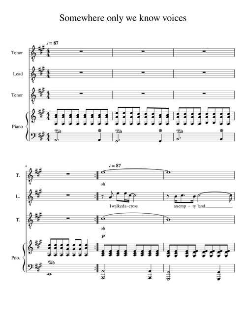 Somewhere only we know voices Sheet music