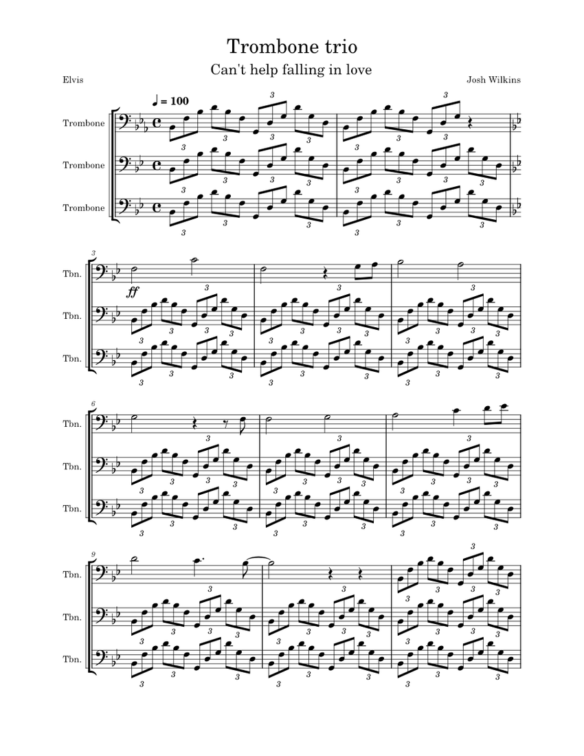 Can't Help Falling In Love Elvis Presley Trombone trio Sheet music