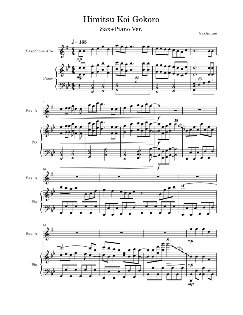 Himitsu Koi Gokoro Sax/Piano - Rent-a-Girlfriend OP2 Sheet
