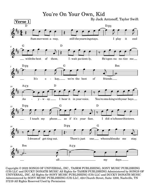 You're On Your Own, Kid (Arr. Heidi Savoie) - Taylor Swift (Lead Sheet - Fake Book)