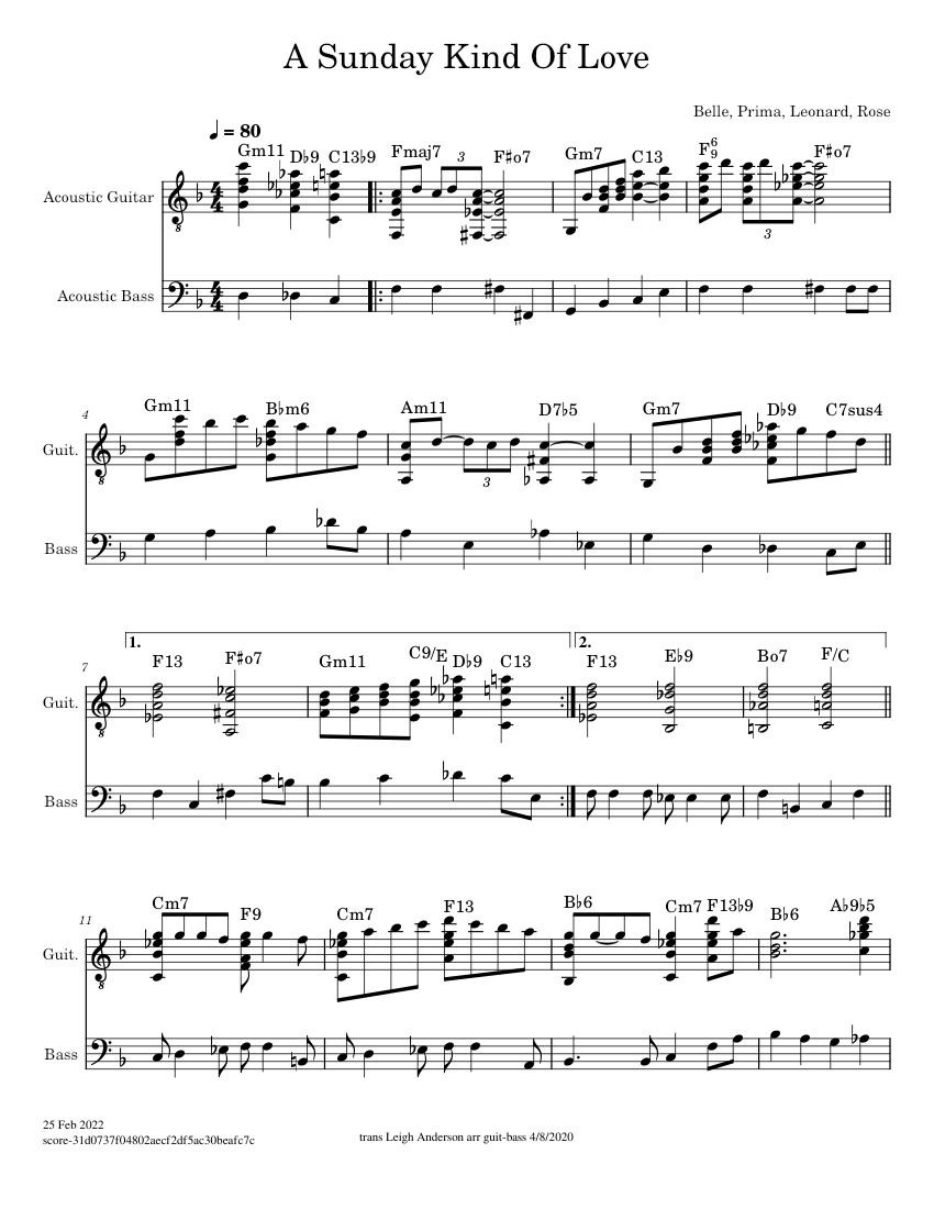 A sunday kind of love – Barbara Belle, Louis Prima, Sheet Music