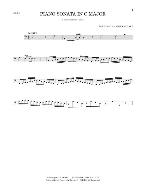 Piano Sonata In C Major - Wolfgang Amadeus Mozart (Cello Solo)