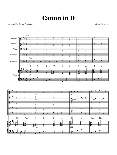 Canon by Pachelbel - String Quintet with Piano and Chord Notation (Arr. Glauco Fernandes) - Johann Pachelbel (String Ensemble)