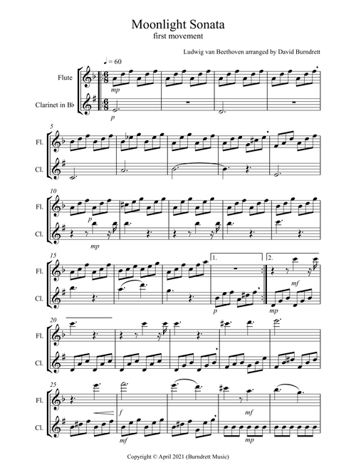 Moonlight Sonata (1st movement) for Flute and Clarinet Duet (Arr. David Burndrett) - Ludwig van Beethoven (Instrumental Duet)