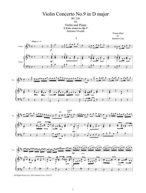 Vivaldi - Violin Concerto No.9 Op.3 in D major RV 230 for Violin and Piano (Arr. Santino Cara) - Antonio Vivaldi (Violin and Piano)