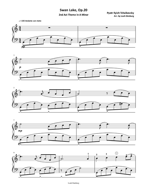 Swan Lake, P. Tchaikovsky (Swan Theme in A Minor) (Arr. Leah Ginzburg) - Pyotr Ilyich Tchaikovsky (Piano Solo)