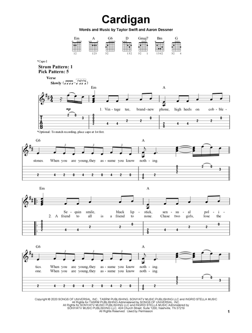 cardigan - Taylor Swift (Easy Guitar with TAB)