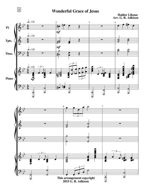 Wonderful Grace of Jesus (for flute, 2 trumpets, 2 trombones & piano) (Arr. G. R. Adkison) - Haldor Lilenas (Small Ensemble)