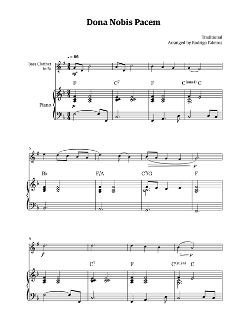 Dona Nobis Pacem - for bass clarinet (with piano accompaniment with chords) (Arr. Rodrigo Faleiros) - Traditional (Clarinet and Piano)