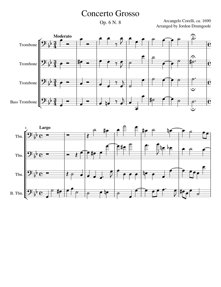 Concerto Grosso Op 6 No 8 For Trombone Quartet Sheet Music For Trombone Trombone Bass Mixed Quartet Musescore Com