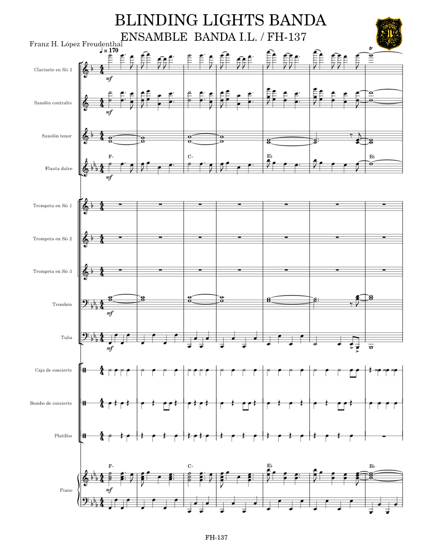 BLINDING LIGHTS BANDA Sheet music for Piano, Trombone, Tuba, Clarinet ...