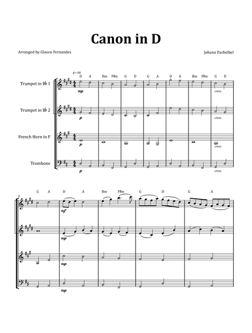 Canon by Pachelbel - Brass Quartet with Chord Notation (Arr. Glauco Fernandes) - Johann Pachelbel (Brass Ensemble)