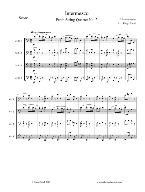 Intermezzo from String Quartet No.2 for intermediate cello quartet (four cellos), Op.13 (Arr. Yellow Cello Music) - Felix Mendelssohn-Bartholdy (String Ensemble)