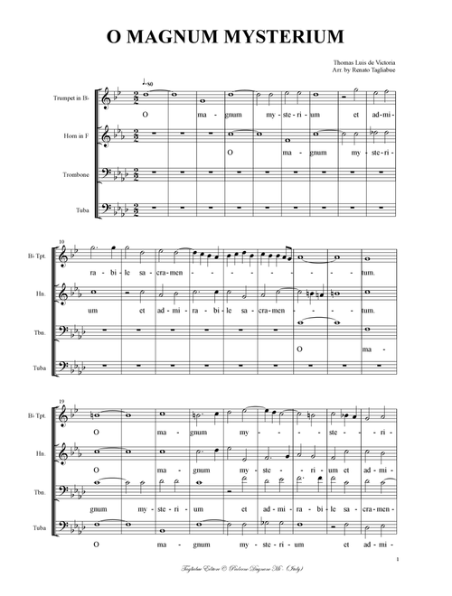 O MAGNUM MYSTERIUM - De Victoria - Arr. for Brass Quartet with Parts (by Renato Tagliabue) (Brass Ensemble)