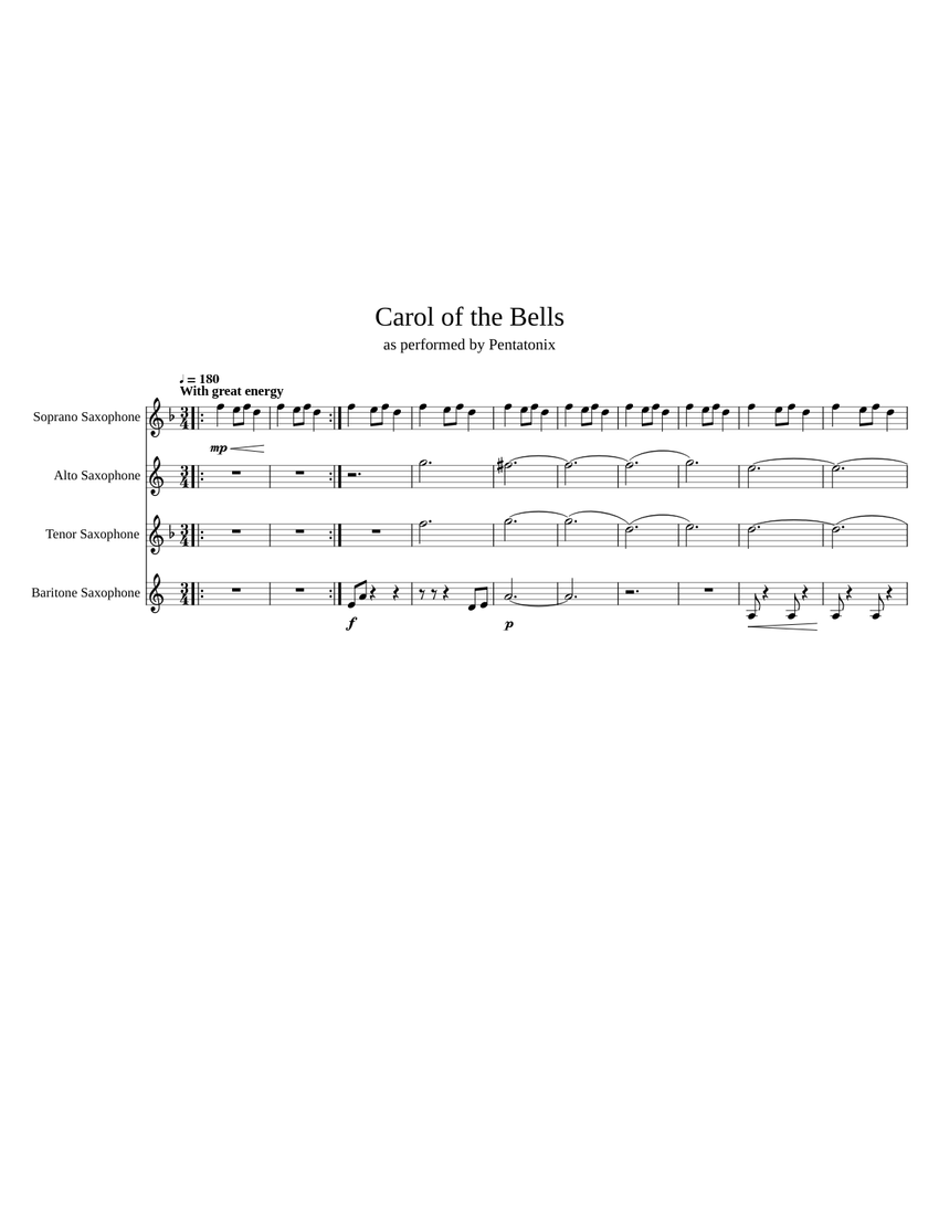 Carol of the Bells Sax Quartet (PTX Cover) Sheet Music for Saxophone ...