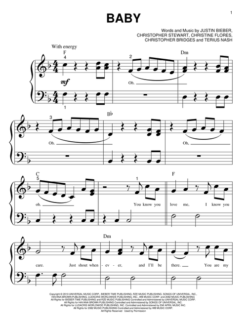 Baby - Justin Bieber (Big Note Piano)
